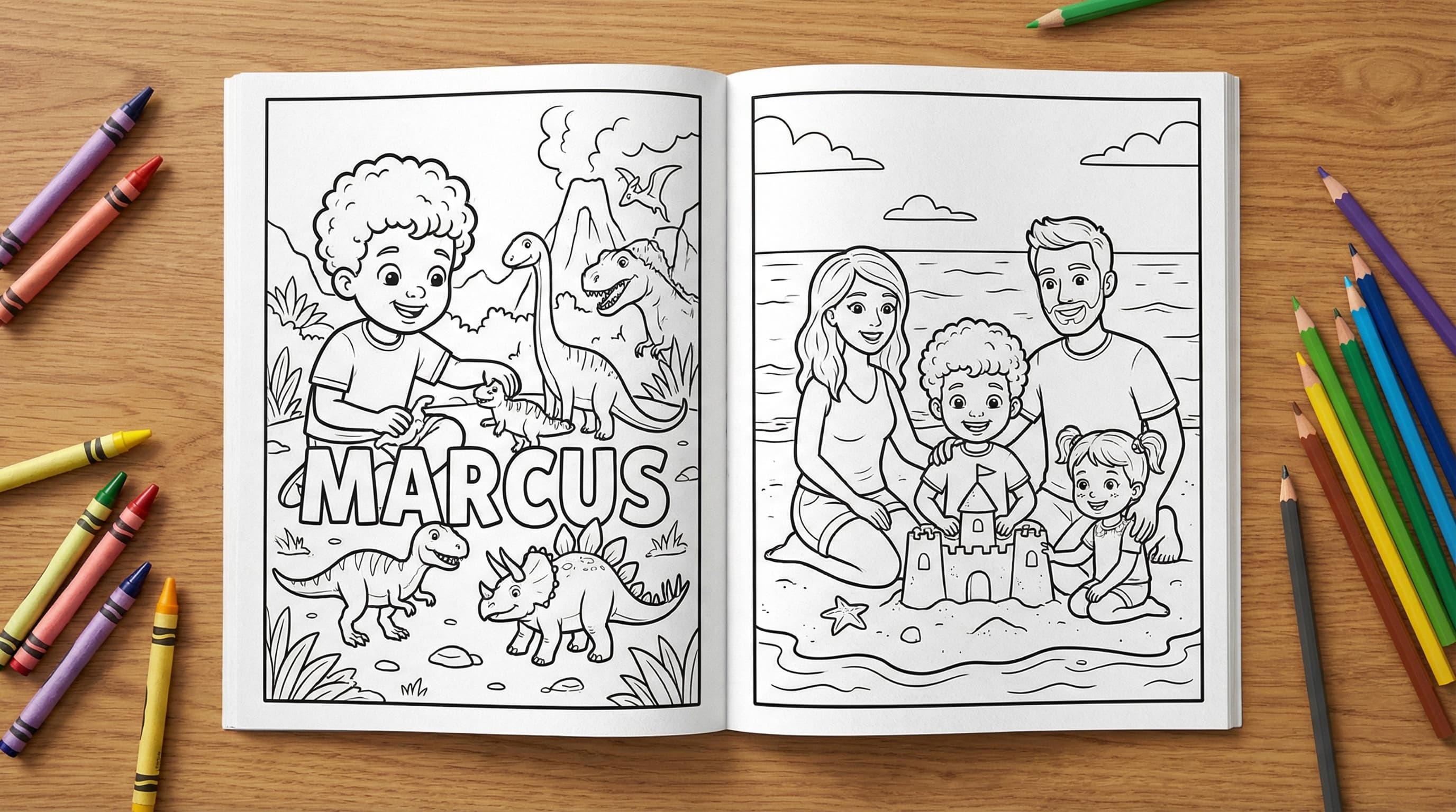 Sample coloring book spread showing two pages